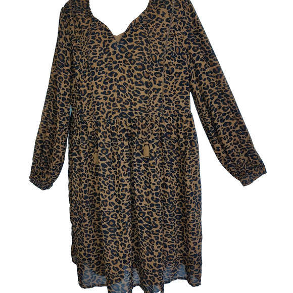 Time And Tru LEOPARD Babydoll SMOCK Dress BOHO Hippie Peasant Animal Sz L 12-14 - Picture 1 of 15